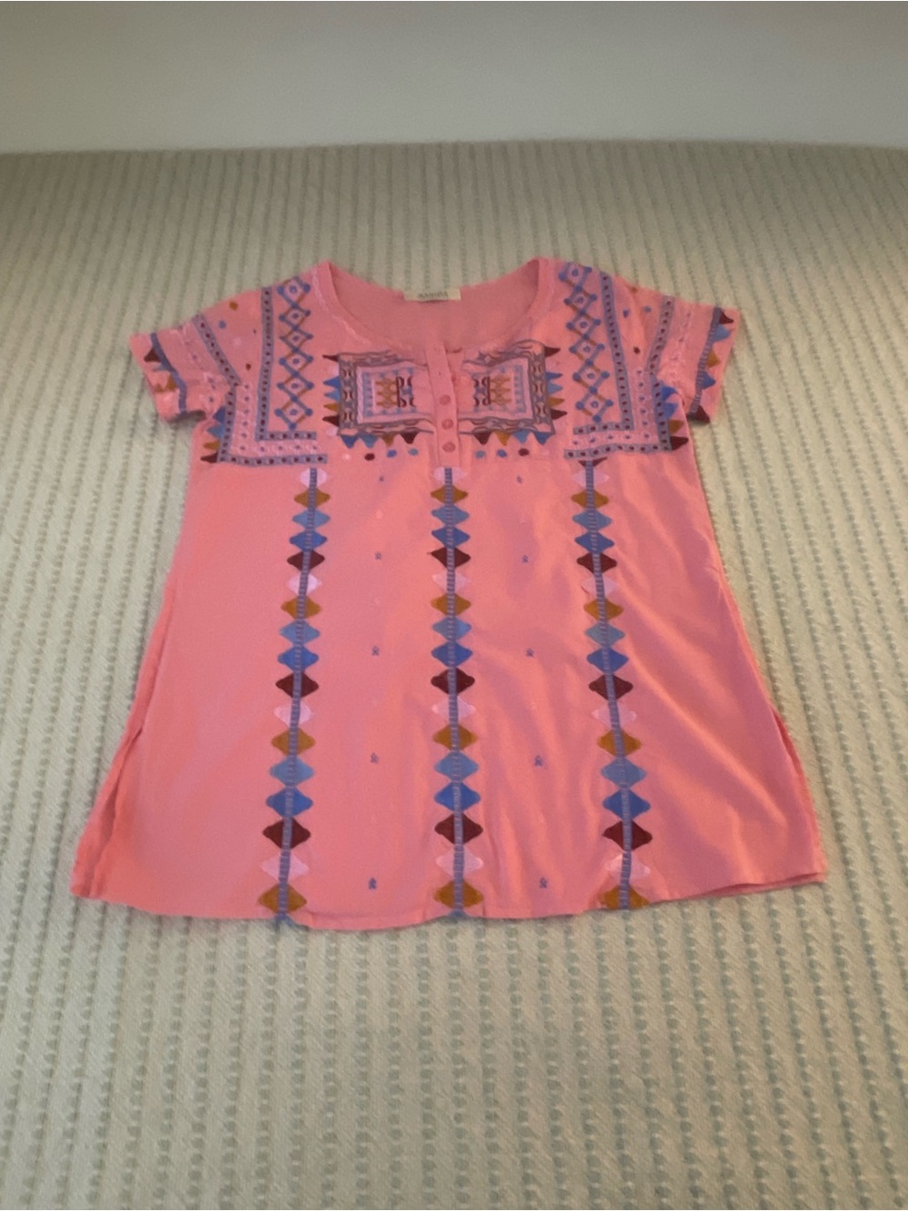 Sabina - Pink Embroidered Short-Sleeve Blouse - Size: Medium